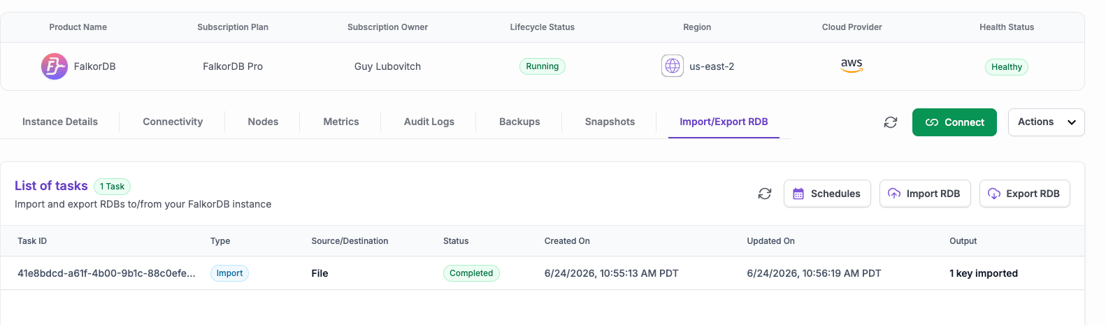 The Import/Export RDB tab with the task list and the Export RDB, Import RDB, and Schedules buttons