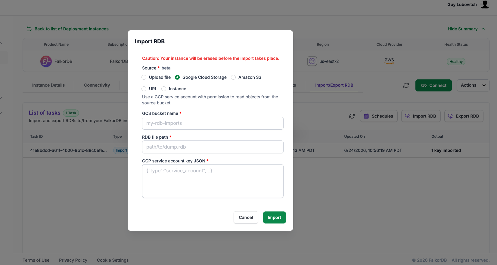 Import RDB dialog with Google Cloud Storage selected