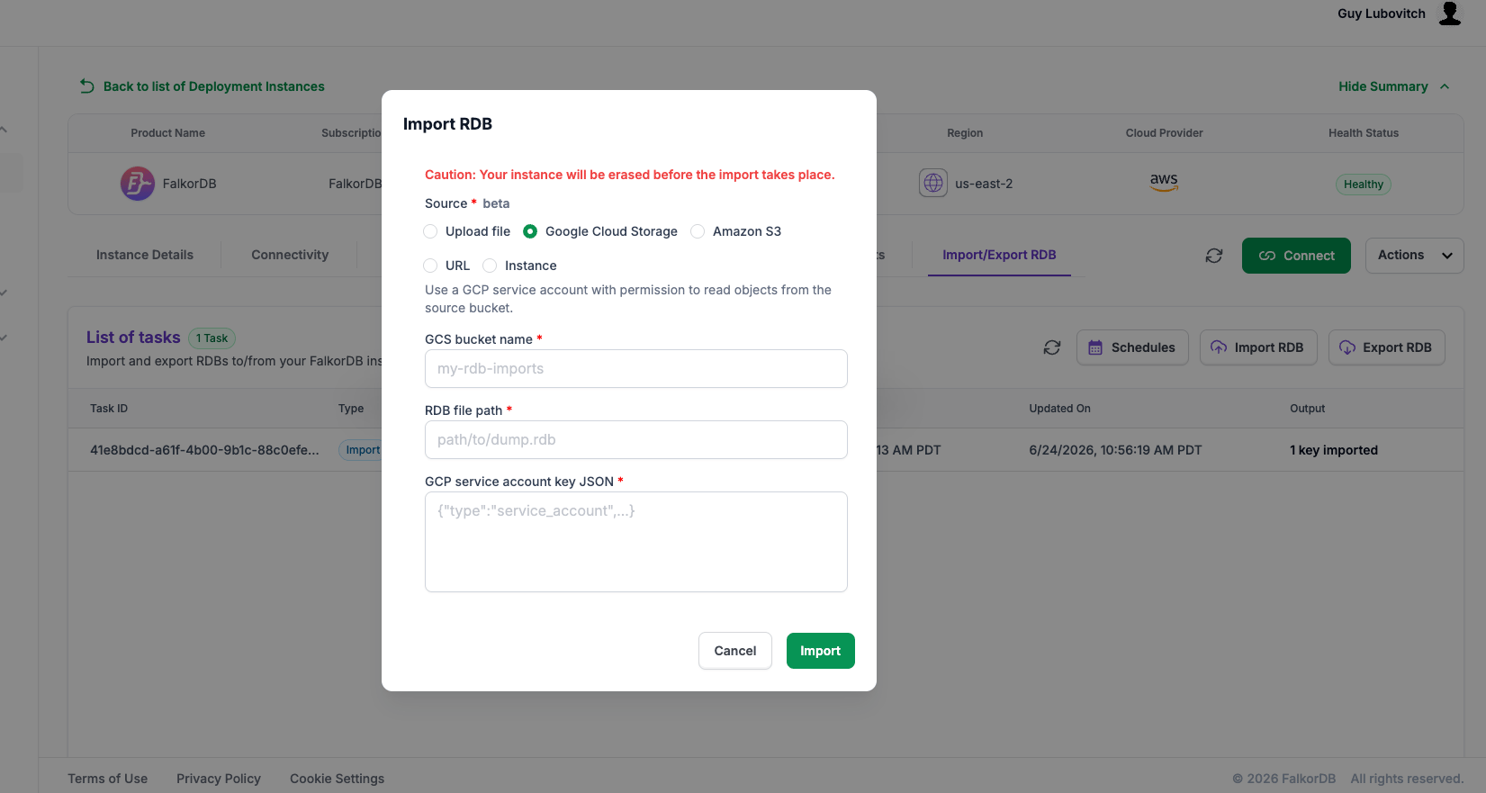 Import RDB dialog with Google Cloud Storage selected