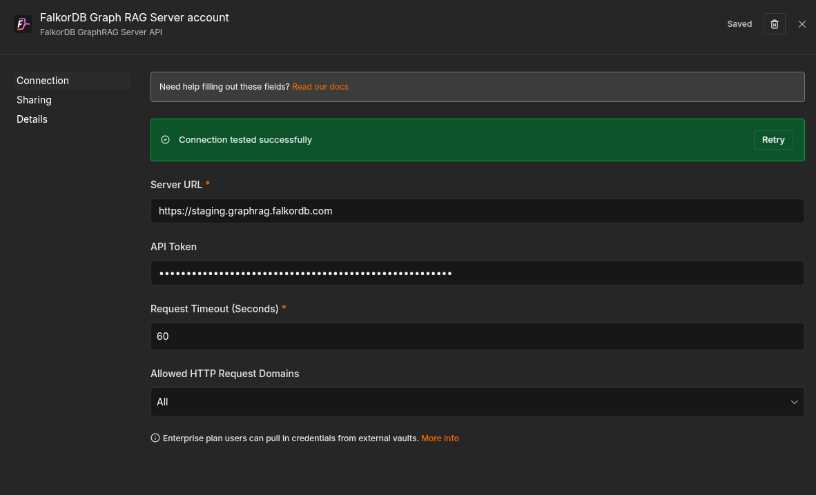 FalkorDB GraphRAG Server API credential screen