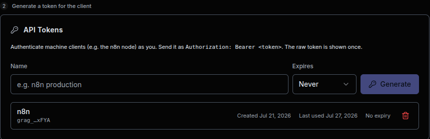 API Tokens panel showing token generation controls