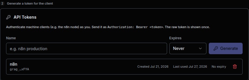 API Tokens panel showing token generation controls