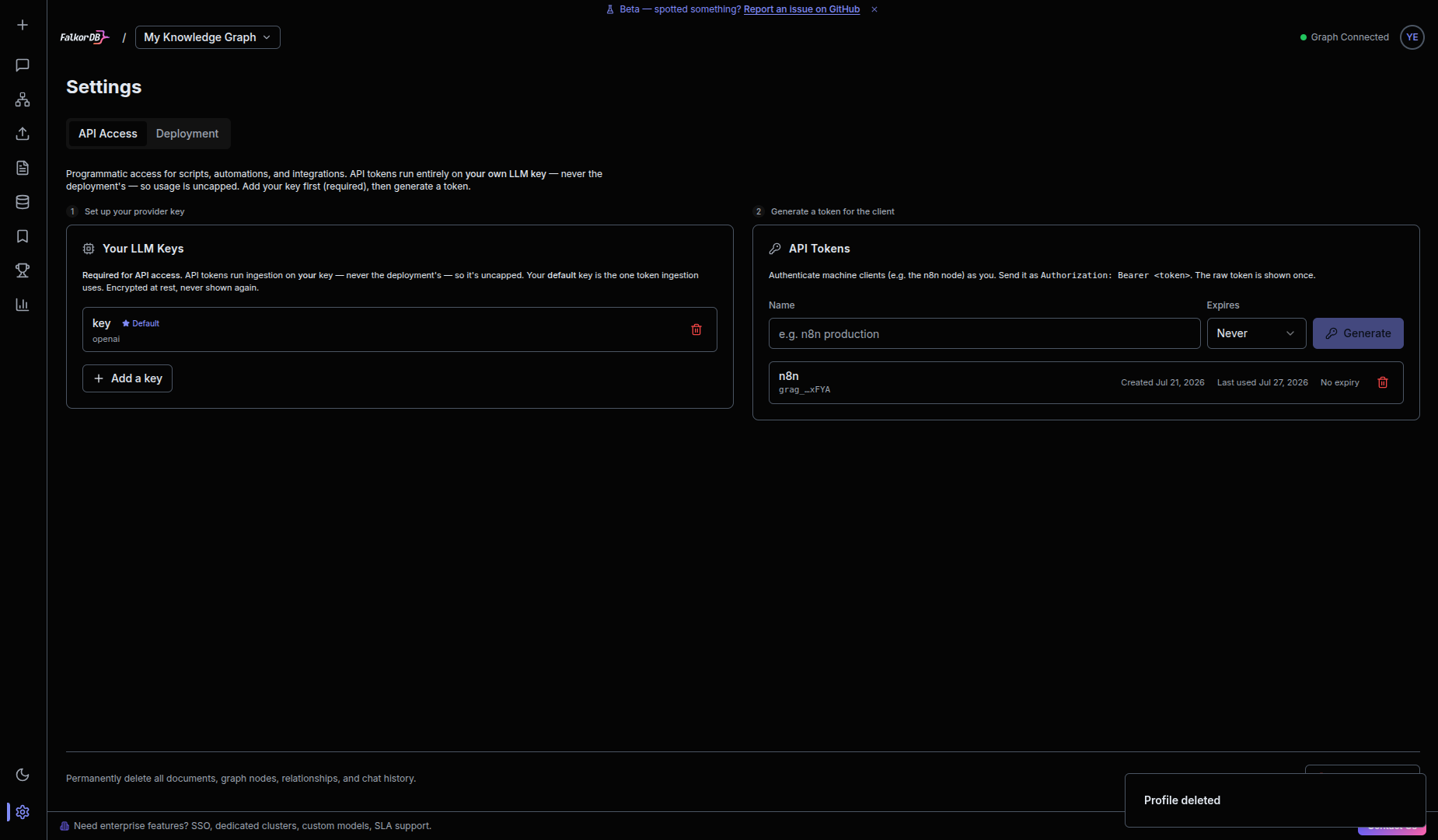 GraphRAG-Server Settings page with API Access selected