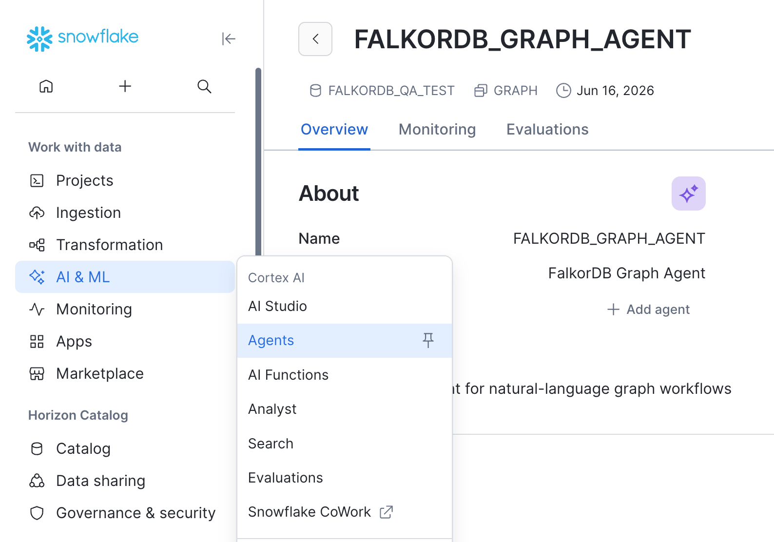 Snowflake AI and ML Agents screen showing the FalkorDB Graph Agent