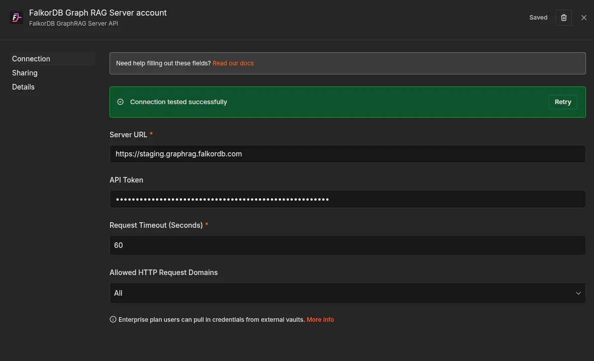 FalkorDB GraphRAG Server API credential screen