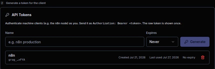 API Tokens panel showing token generation controls