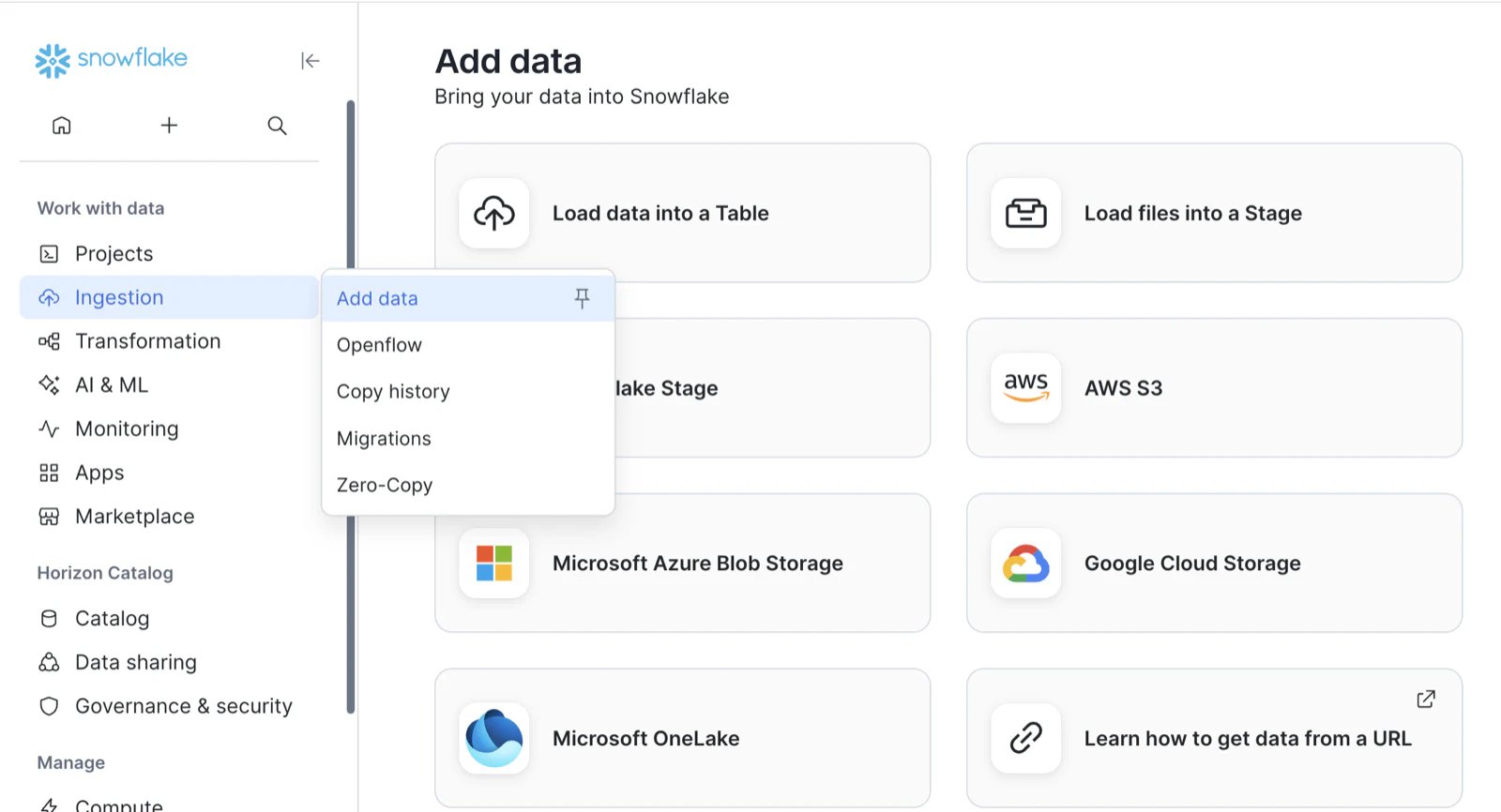 Snowflake Add Data screen showing the Load data into a Table option
