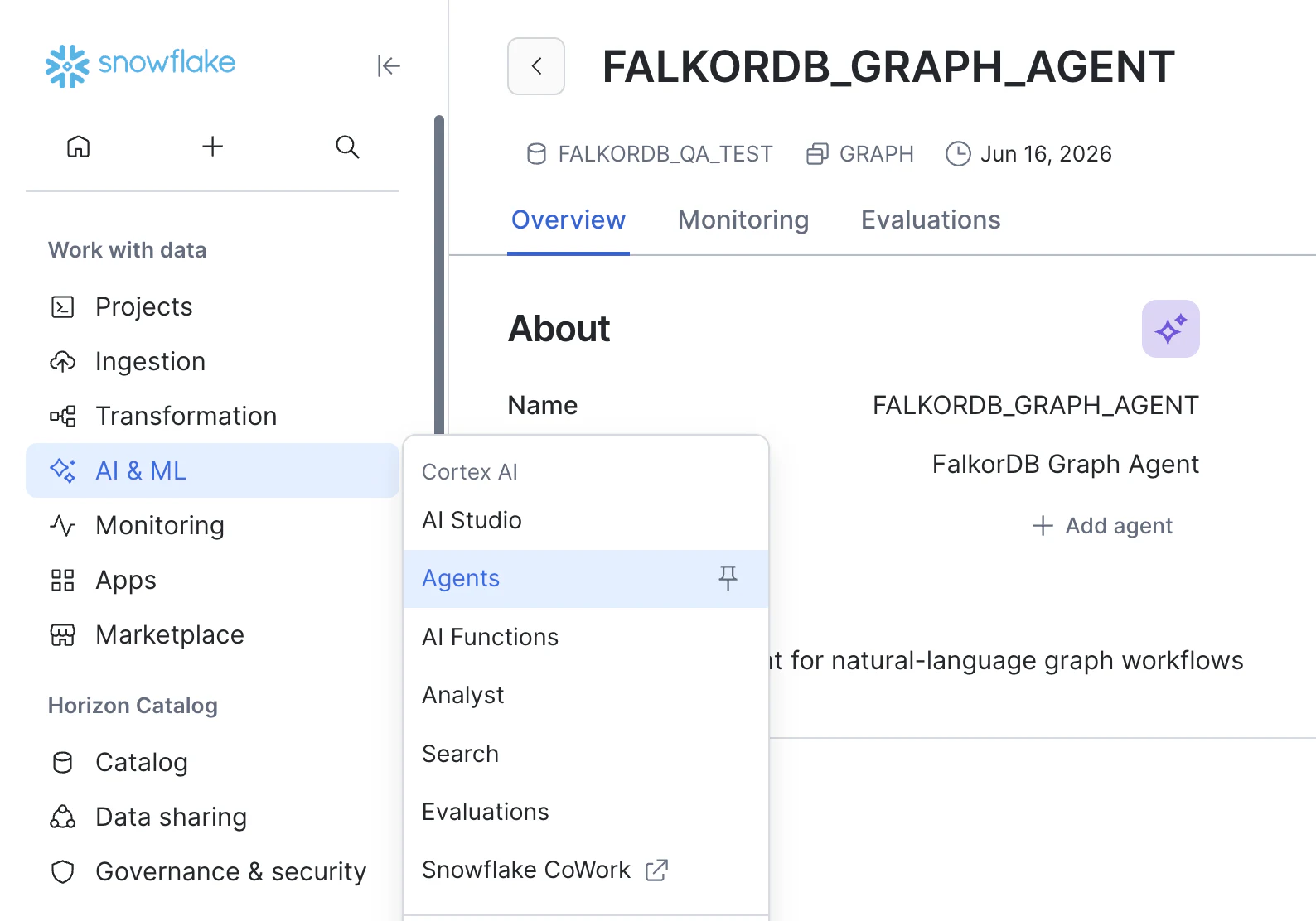 Snowflake AI and ML Agents screen showing the FalkorDB Graph Agent
