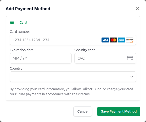 The Add Payment Method dialog with the card number, expiration date, security code, and country fields