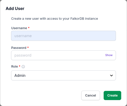 The Add User dialog with the Username, Password, and Role fields