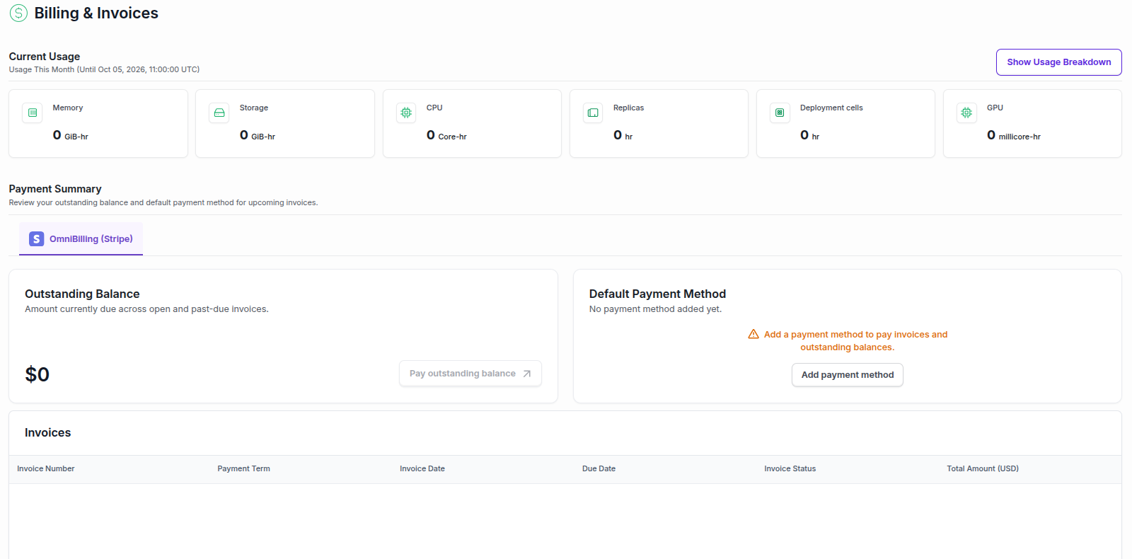 The Billing & Invoices page with Current Usage, Outstanding Balance, Default Payment Method, and the Invoices table