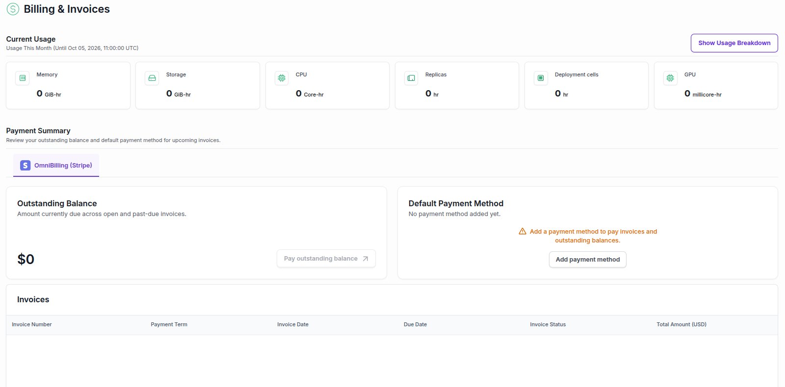 The Billing & Invoices page with Current Usage, Outstanding Balance, Default Payment Method, and the Invoices table