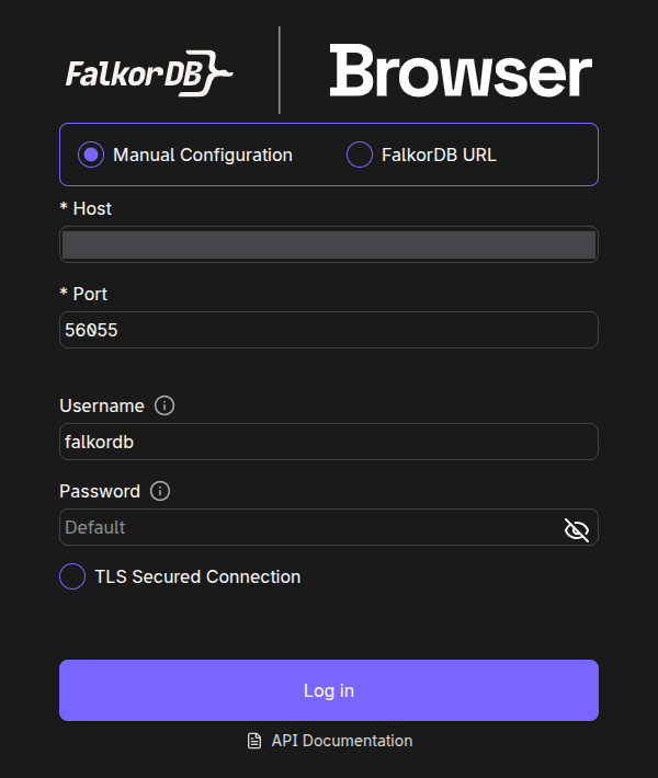 The FalkorDB Browser login page opened from Connect, with the host, port, and username filled in and the password empty