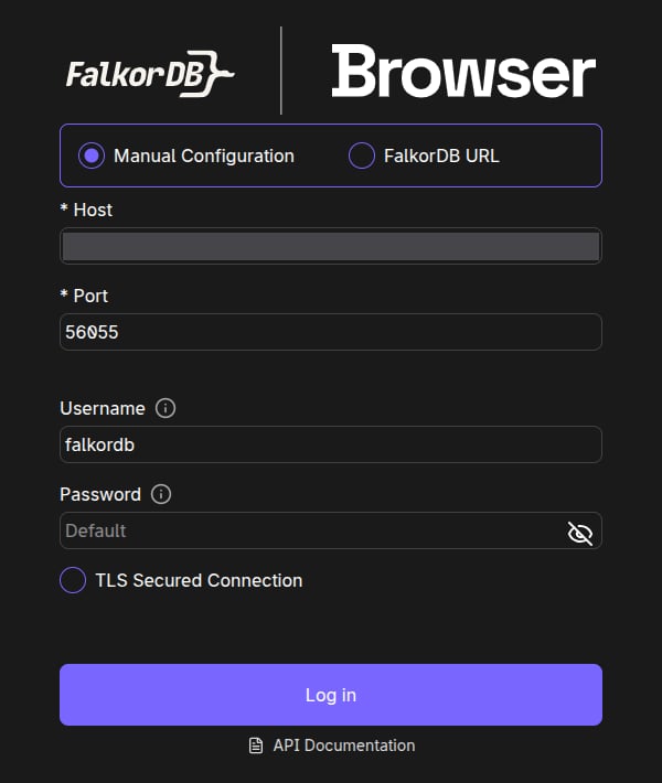 The FalkorDB Browser login page opened from Connect, with the host, port, and username filled in and the password empty