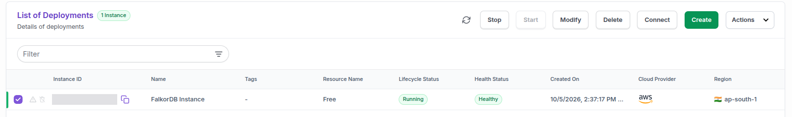 The Instances list with a running instance selected and the Connect button enabled