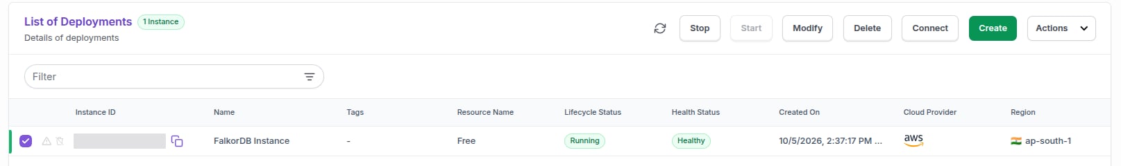 The Instances list with a running instance selected and the Connect button enabled