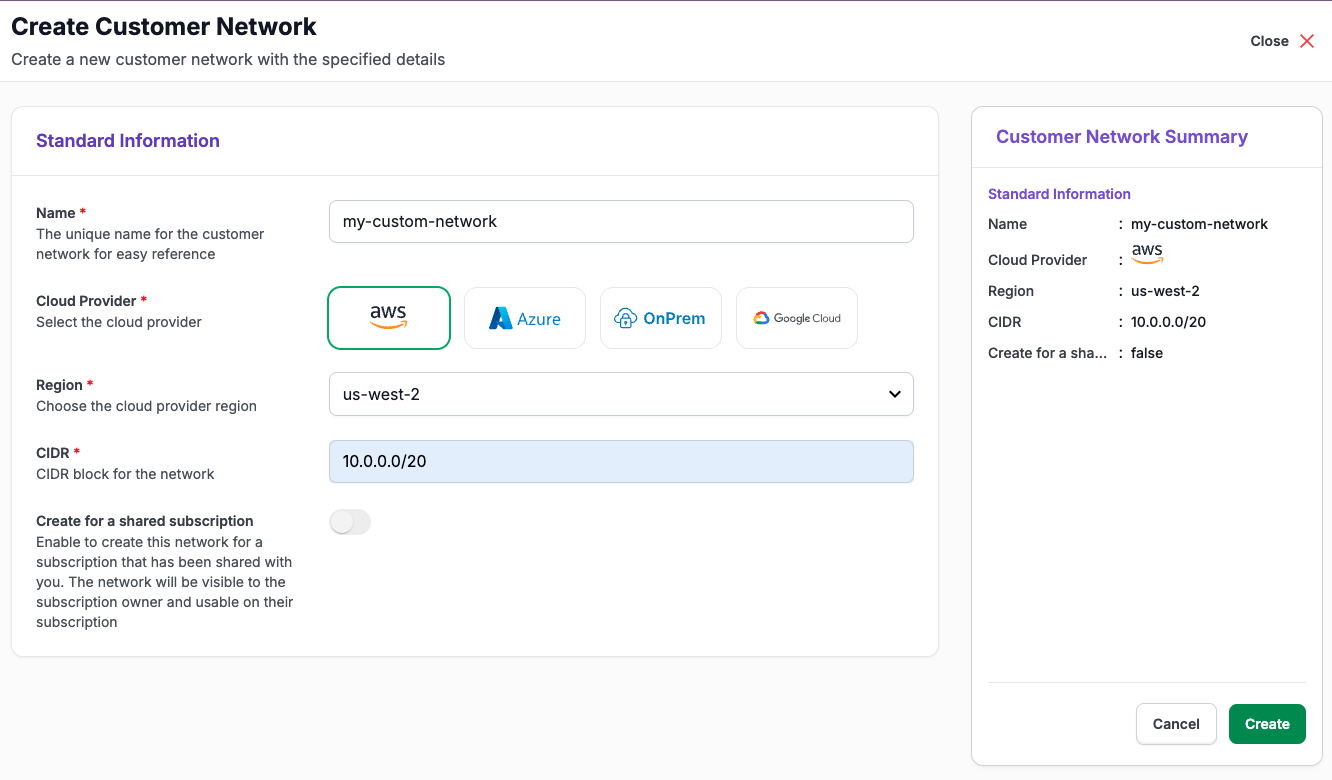 The Create Customer Network form with Name, Cloud Provider, Region, and CIDR filled in, next to the Customer Network Summary