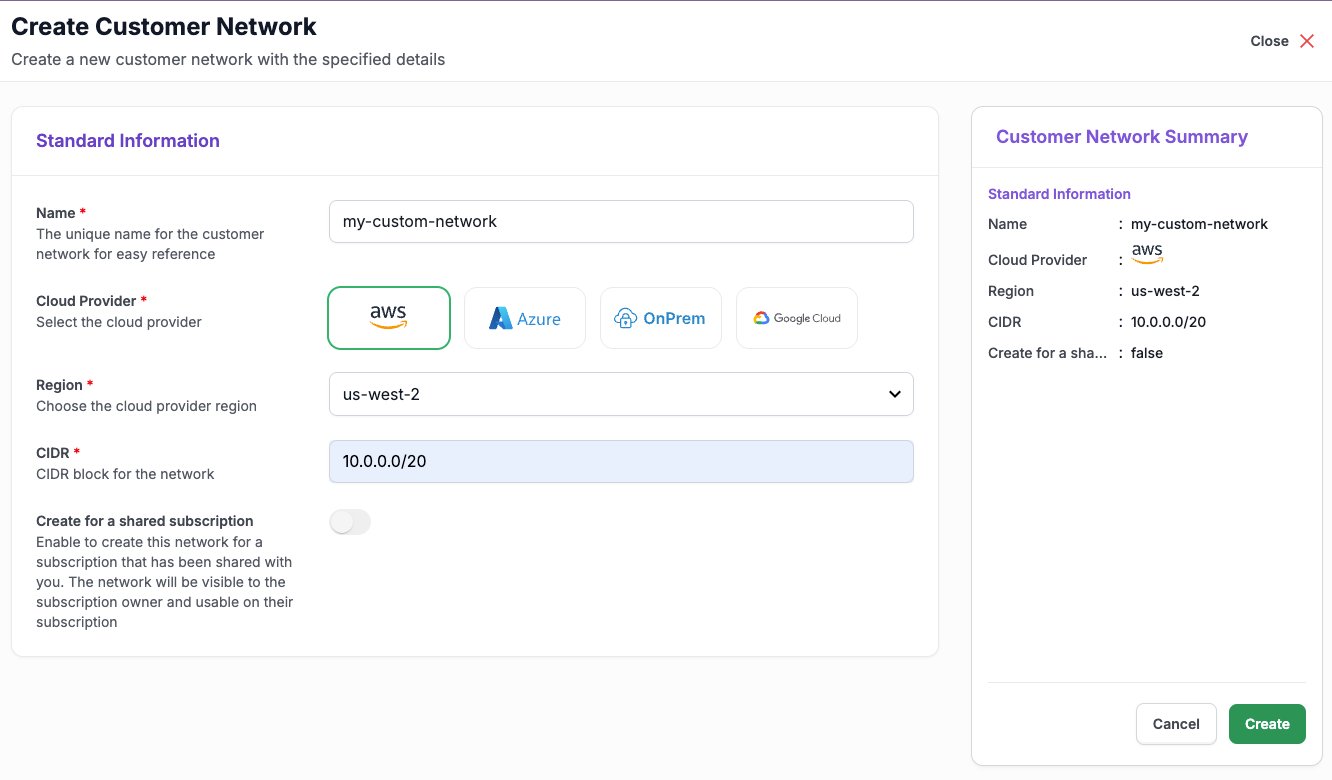 The Create Customer Network form with Name, Cloud Provider, Region, and CIDR filled in, next to the Customer Network Summary