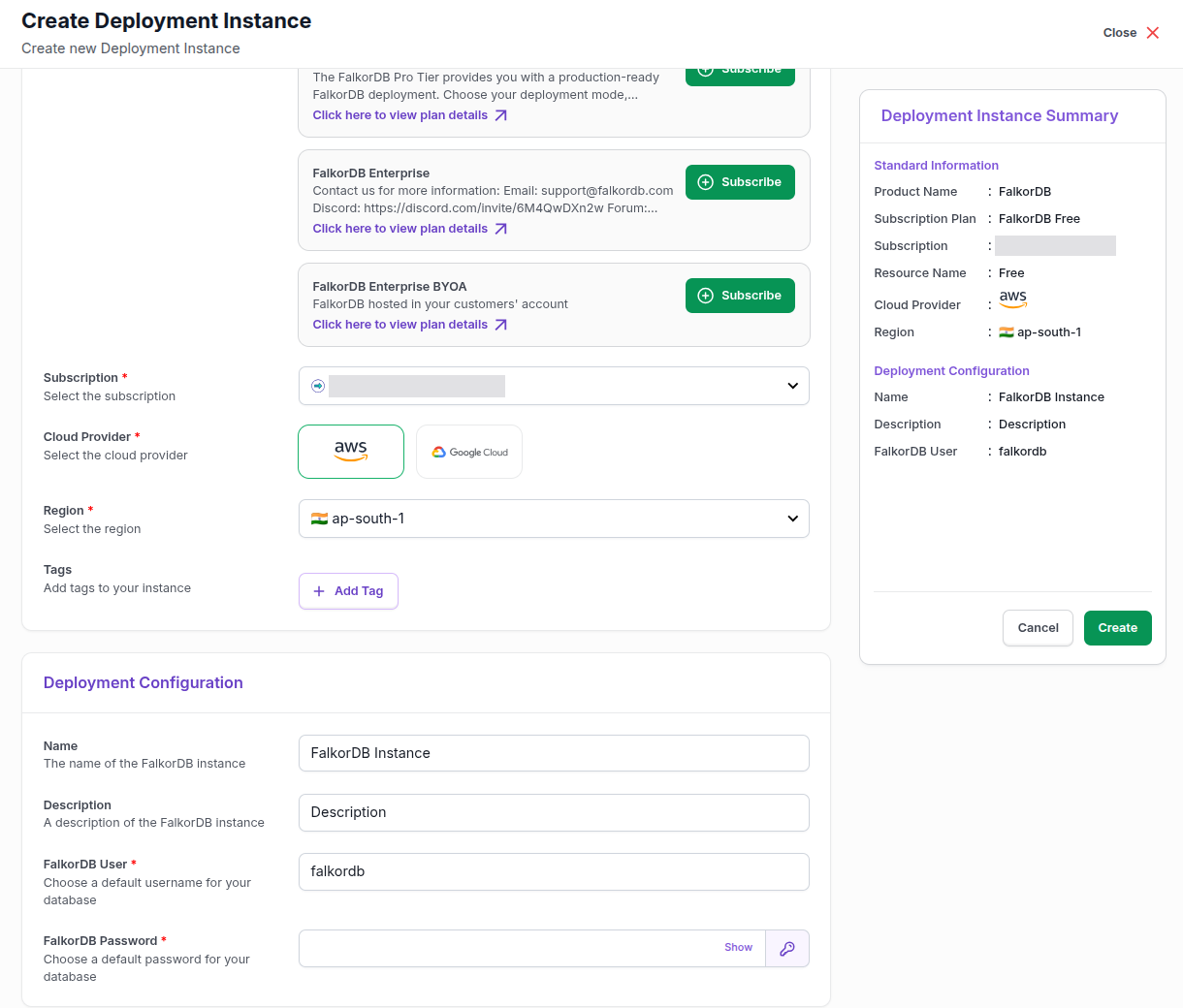 The Deployment Configuration card for a Free instance with the Name, Description, FalkorDB User, and FalkorDB Password fields, next to the Deployment Instance Summary