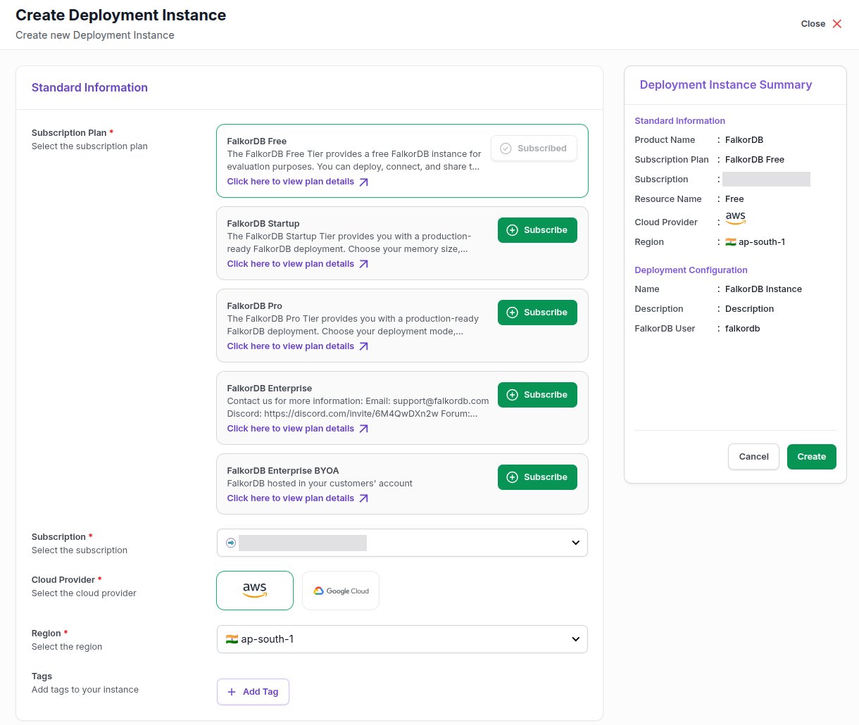 The Standard Information card of the Create Deployment Instance form, with the subscription plan cards, Subscription, Cloud Provider, and Region