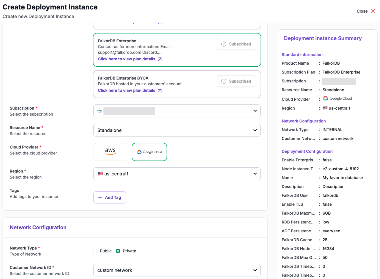 The Create Deployment Instance form for an Enterprise plan with Network Type set to Private and a customer network selected; the summary shows Network Type INTERNAL