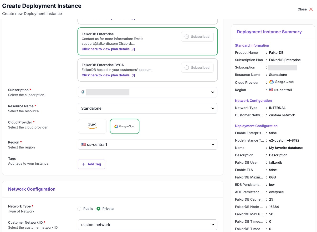 The Create Deployment Instance form for an Enterprise plan with Network Type set to Private and a customer network selected; the summary shows Network Type INTERNAL