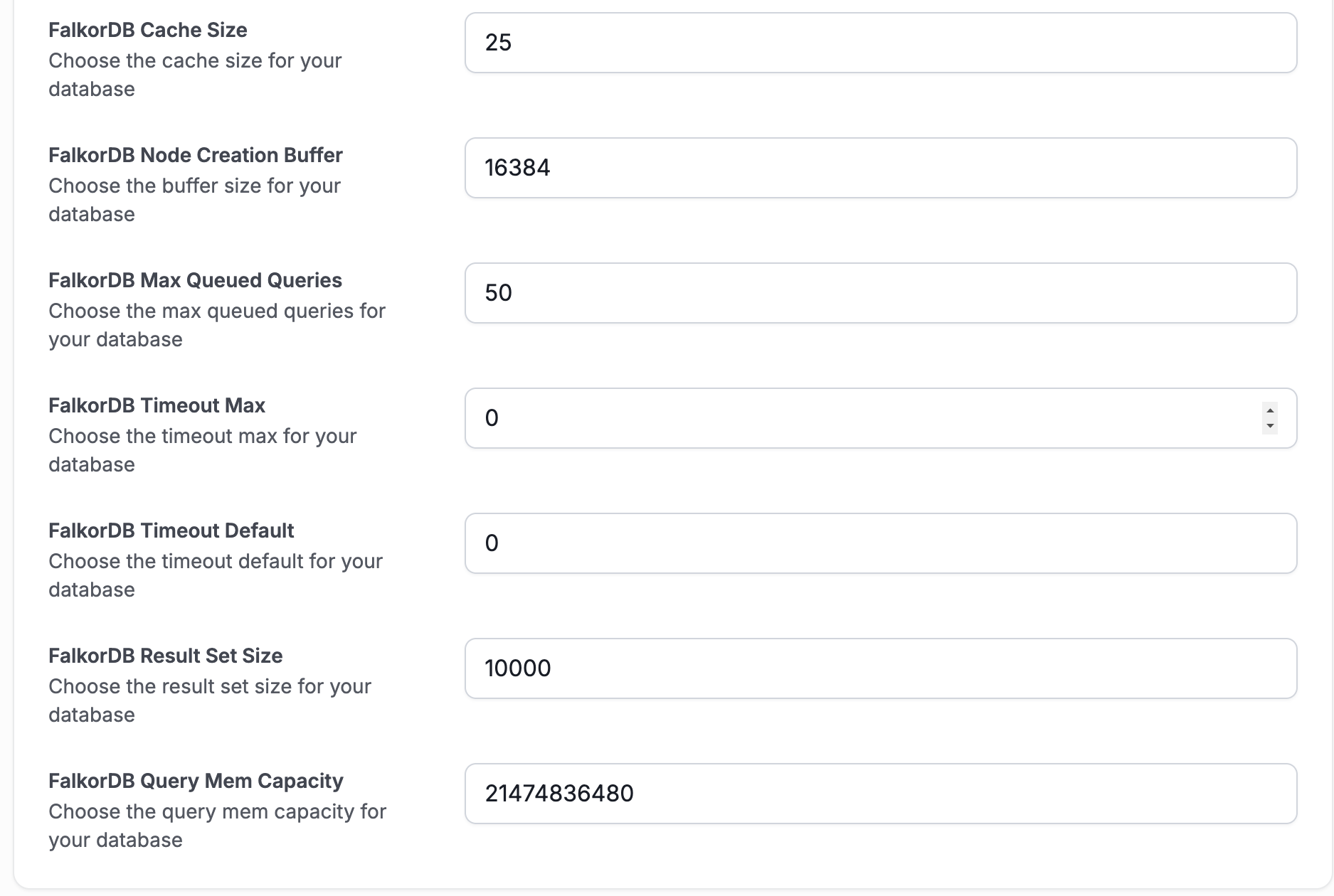 FalkorDB tuning options in the create form for a Startup instance, such as Cache Size, Max Queued Queries, Timeout, and Result Set Size