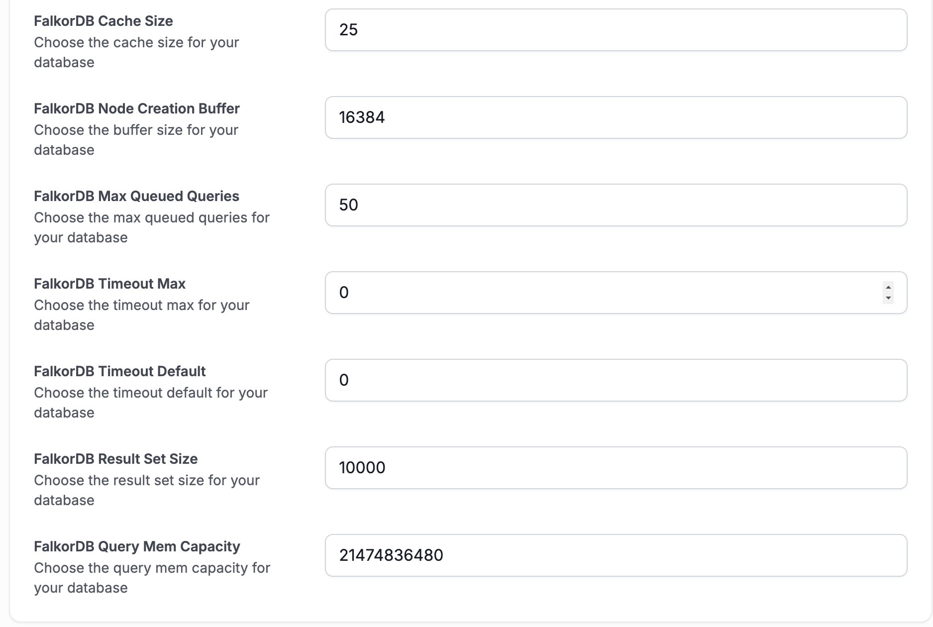 FalkorDB tuning options in the create form for a Startup instance, such as Cache Size, Max Queued Queries, Timeout, and Result Set Size