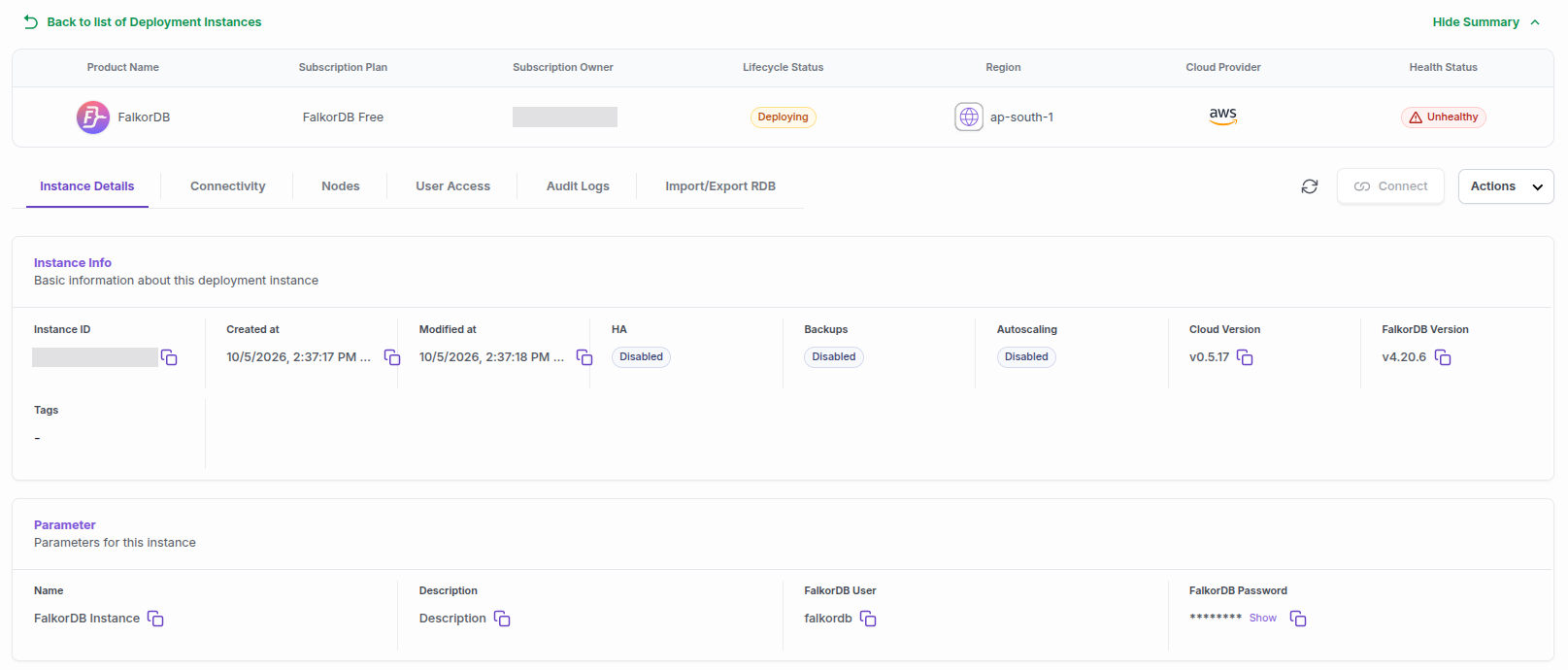 The Instance Details tab with Instance Info and the Parameter section showing the FalkorDB User and the masked FalkorDB Password