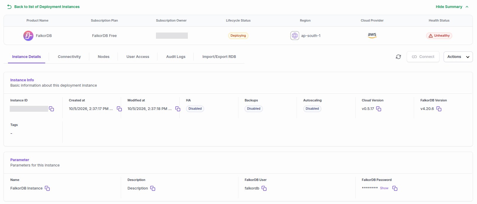 The Instance Details tab with Instance Info and the Parameter section showing the FalkorDB User and the masked FalkorDB Password