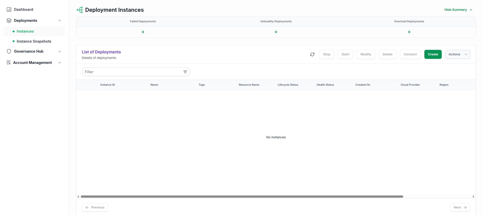 The Deployment Instances page with the Stop, Start, Modify, Delete, Connect, Create, and Actions buttons