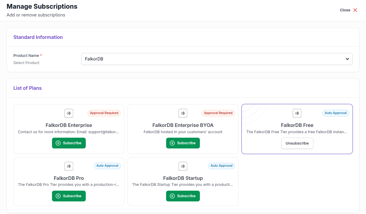 The Manage Subscriptions panel listing the FalkorDB Enterprise, Enterprise BYOA, Free, Pro, and Startup plans with their Subscribe buttons