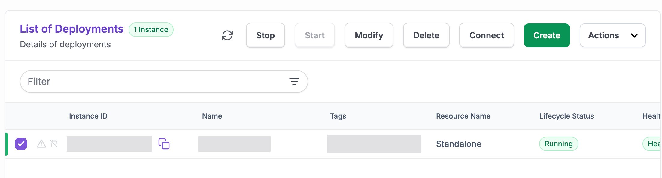 The Instances list with a running instance selected and the Modify button enabled