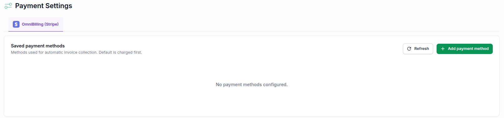 The Payment Settings page with the Saved payment methods card and the Add payment method button