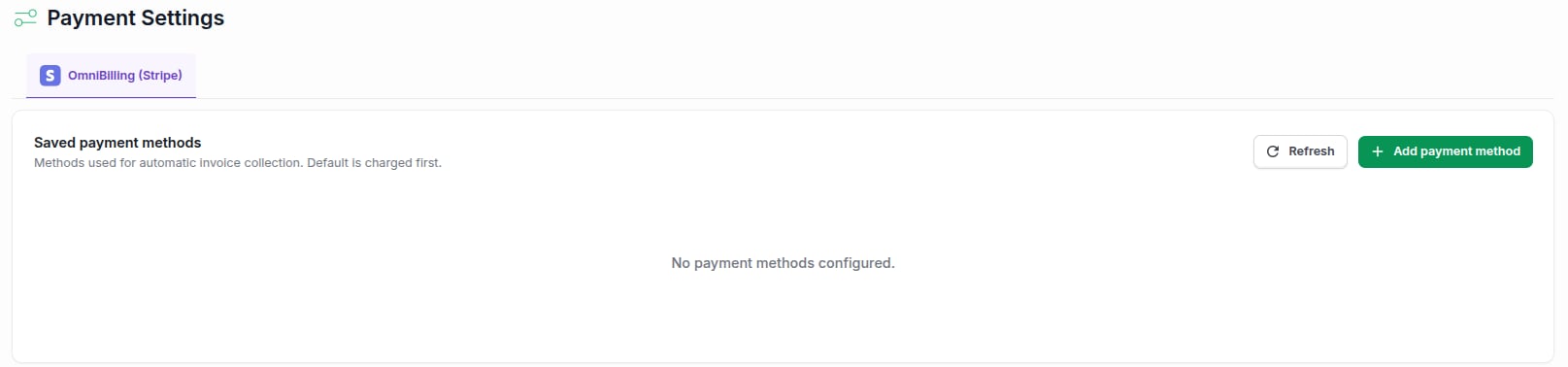 The Payment Settings page with the Saved payment methods card and the Add payment method button