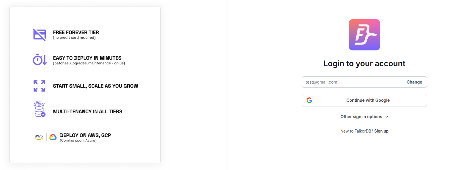 The FalkorDB Cloud sign-in page, with the email entered and the Continue with Google button