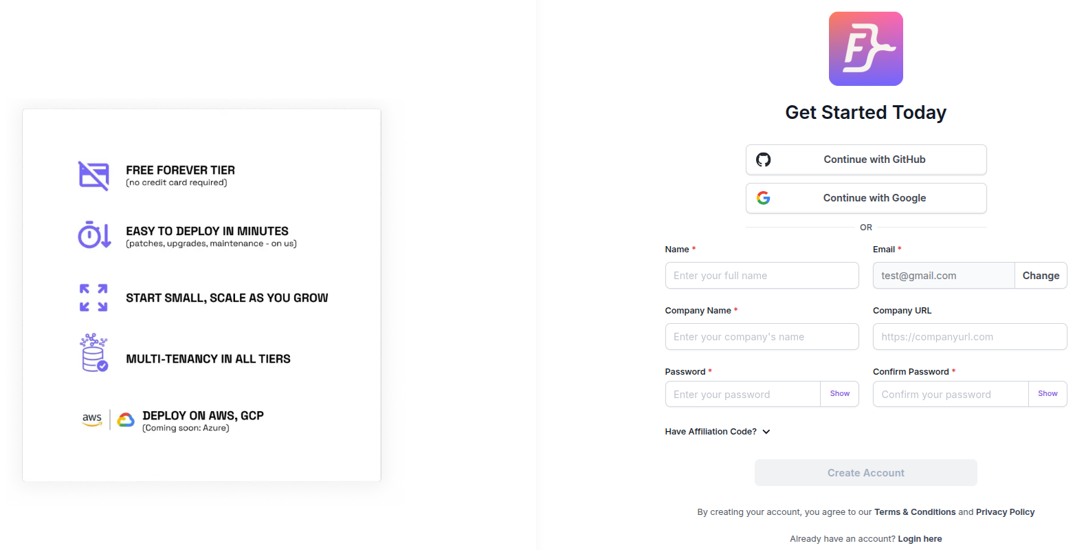 The Get Started Today sign-up form with the GitHub and Google buttons and the Name, Email, Company Name, Company URL, and Password fields