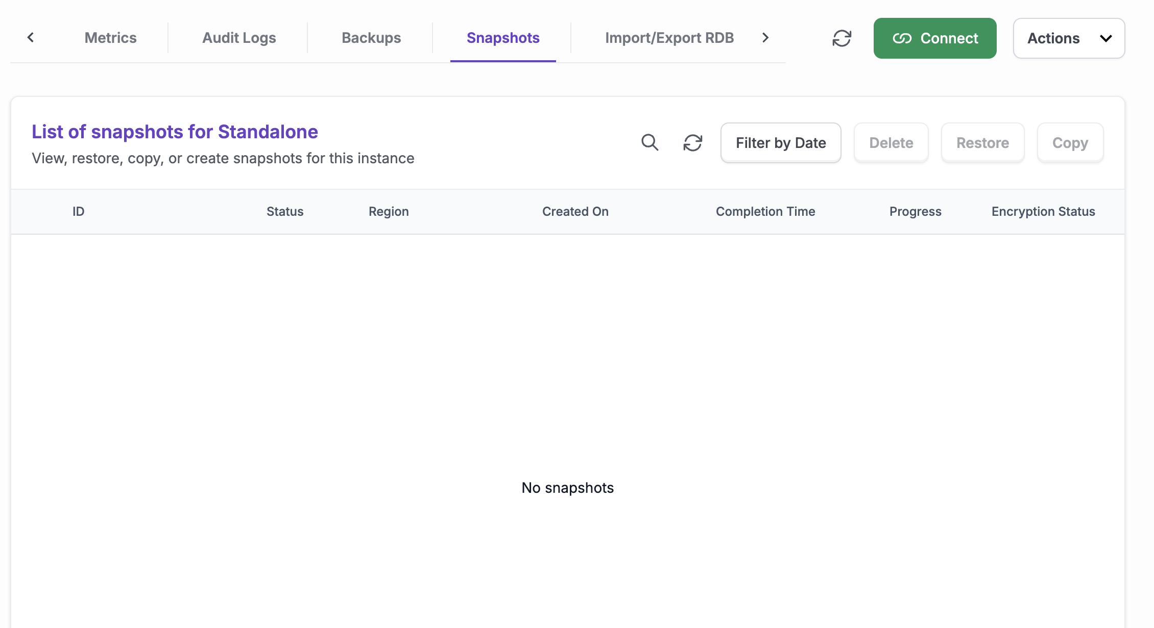 The Snapshots tab with the Filter by Date, Delete, Restore, and Copy buttons