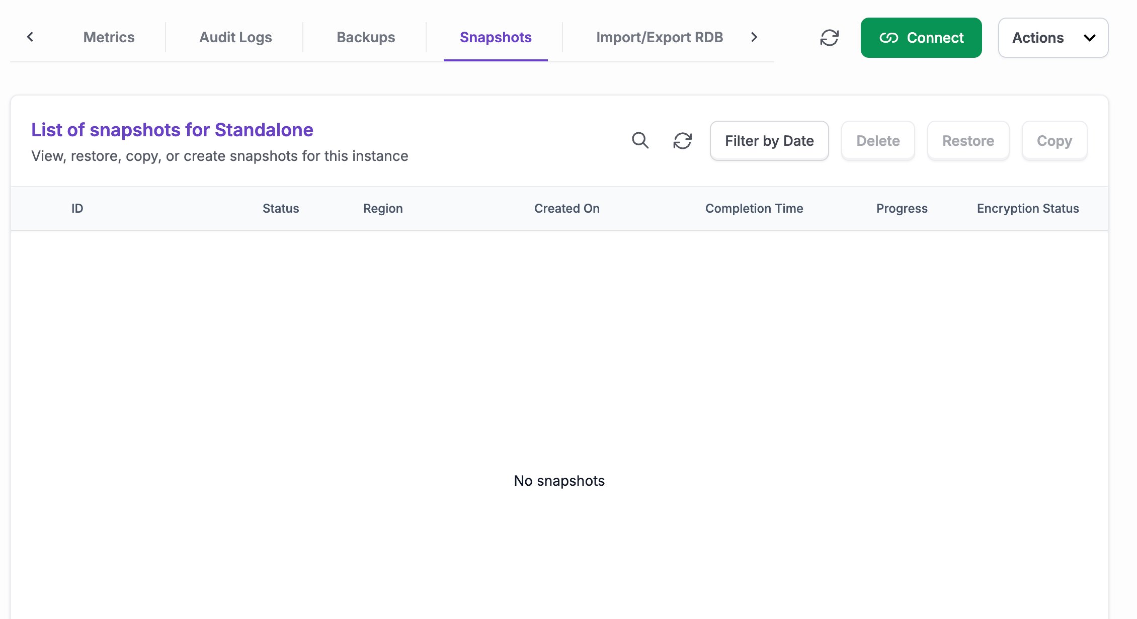 The Snapshots tab with the Filter by Date, Delete, Restore, and Copy buttons