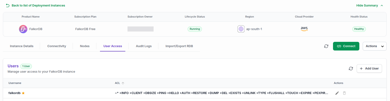 The User Access tab with the Users table showing the default falkordb user and the Add User button