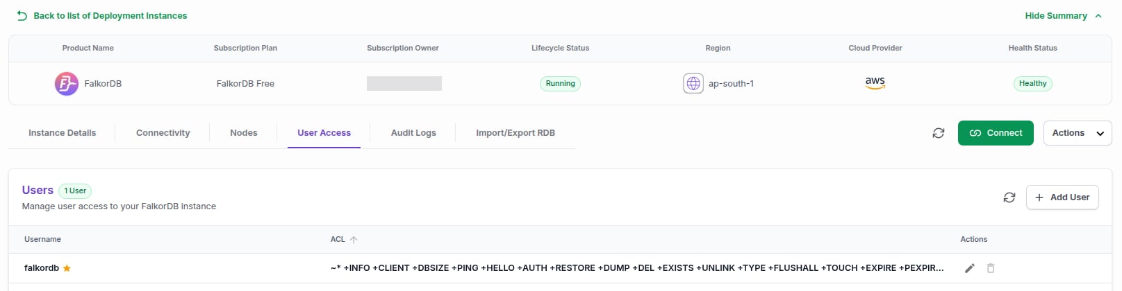 The User Access tab with the Users table showing the default falkordb user and the Add User button