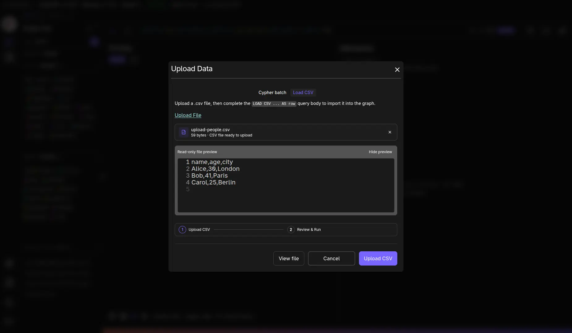 Upload Data - Load CSV step 1