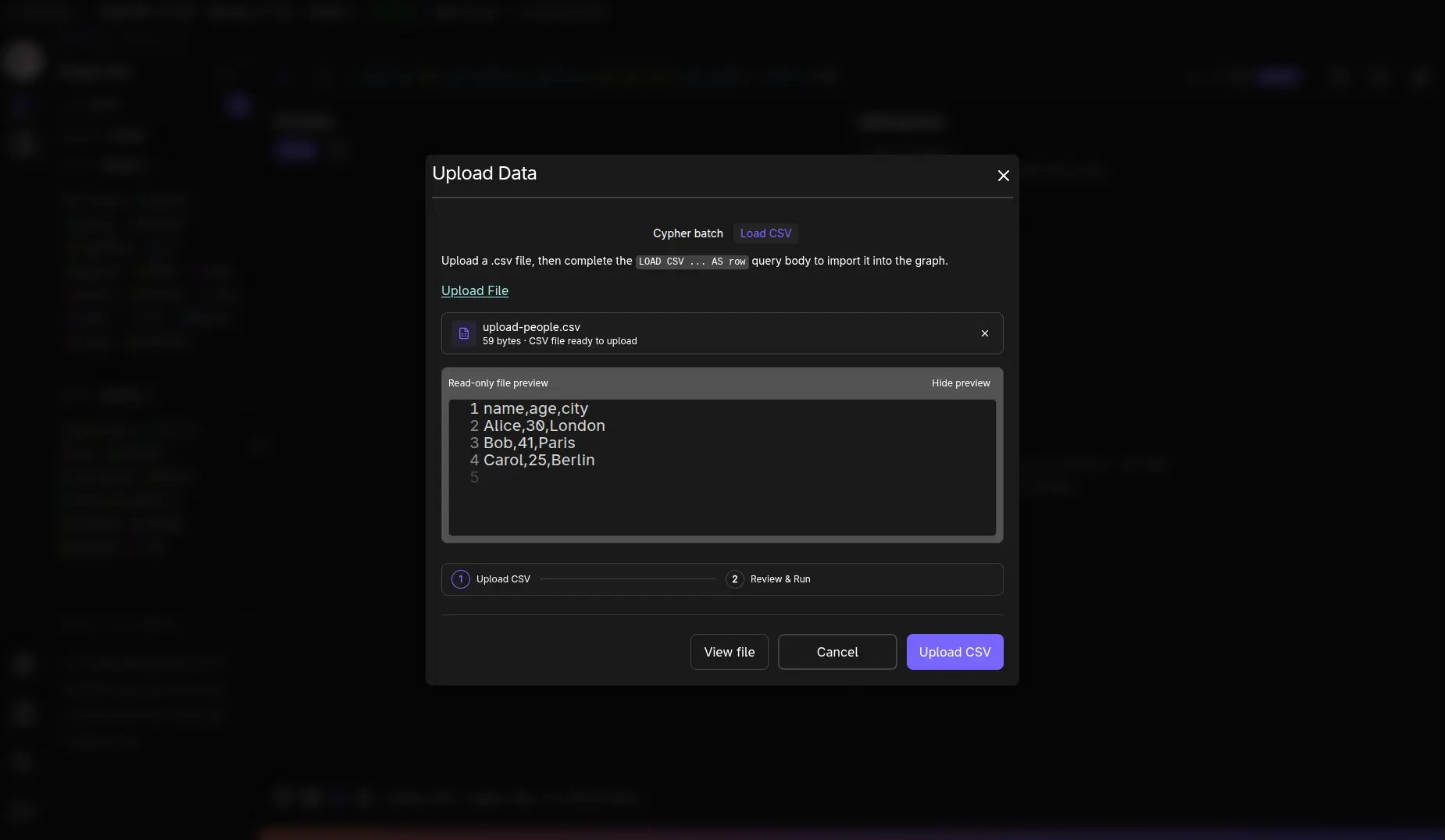 Upload Data - Load CSV step 1