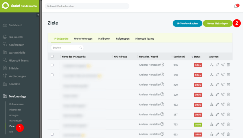 Fonial customer account: Telefonanlage → Ziele with „Neues Ziel anlegen“ button