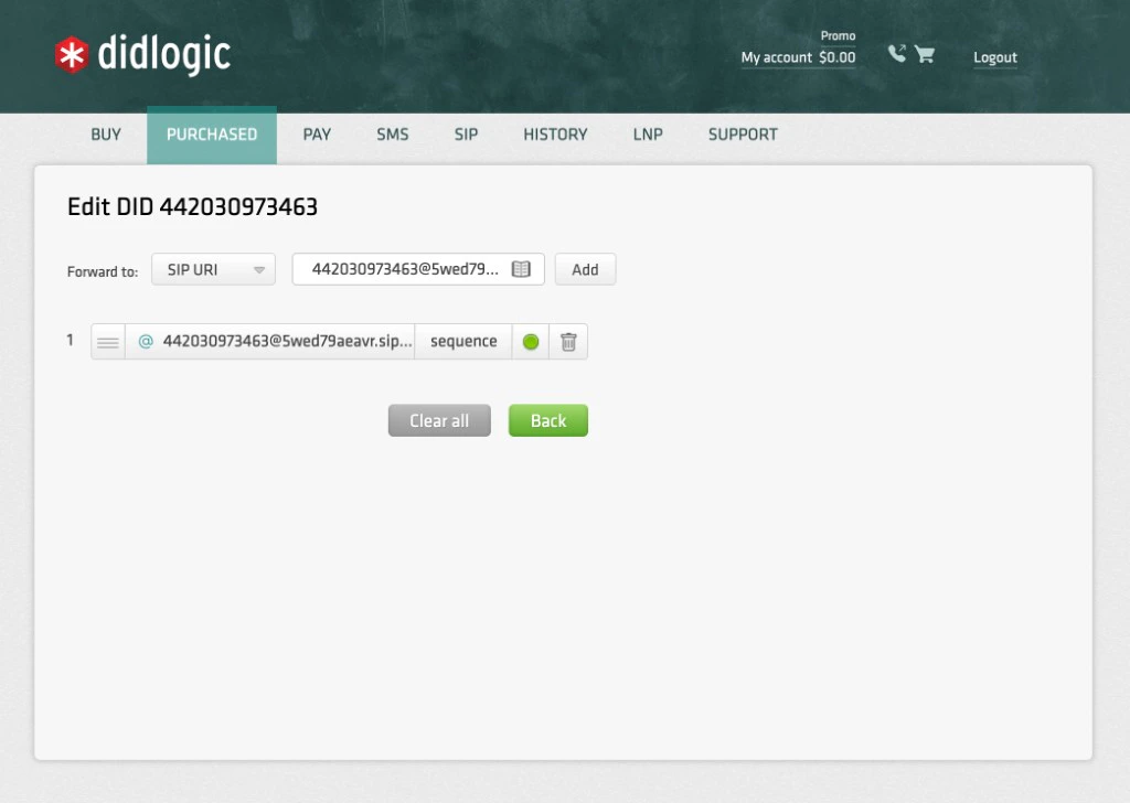 DIDLogic destination configured as SIP URI