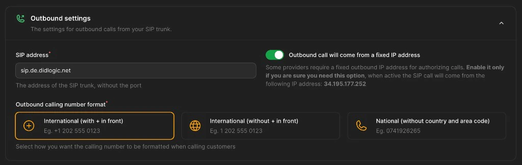 Famulor outbound SIP settings for DIDLogic trunk