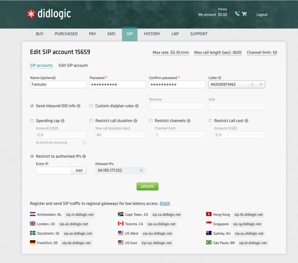 DIDLogic SIP account with authorized IP and update confirmation