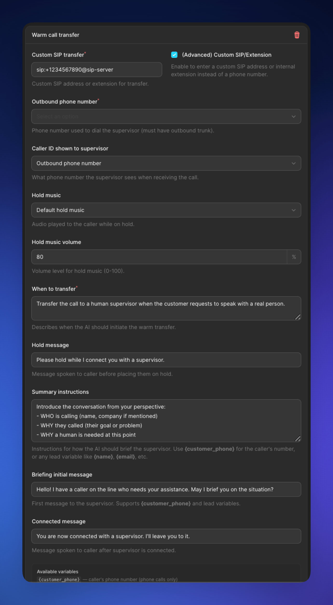 Famulor: Warmweiterleitung mit aktiviertem „(Advanced) Custom SIP/Extension“ und Feld „Custom SIP transfer“