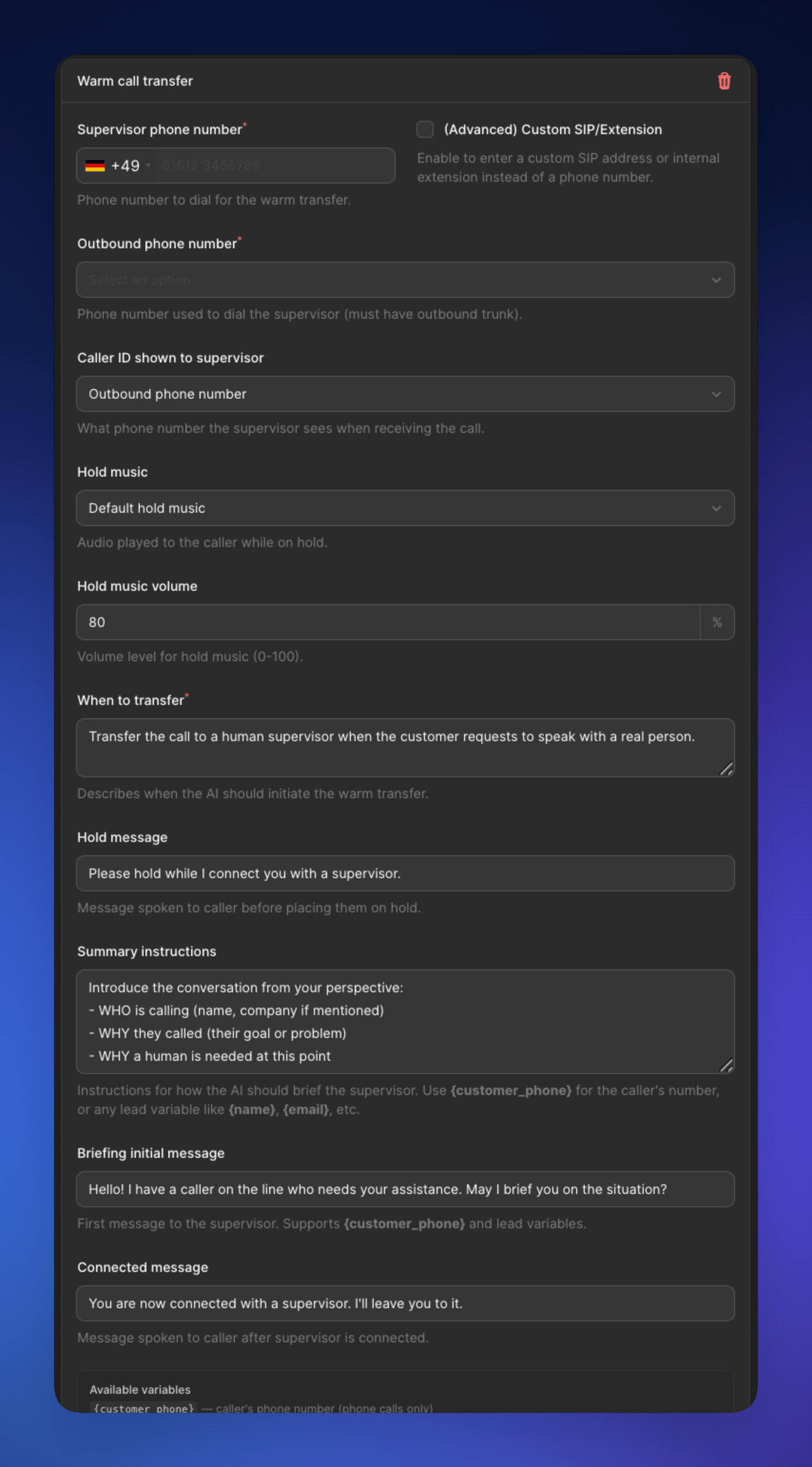 Famulor: Warmweiterleitung mit Supervisor-Telefonnummer (Custom SIP/Extension deaktiviert)
