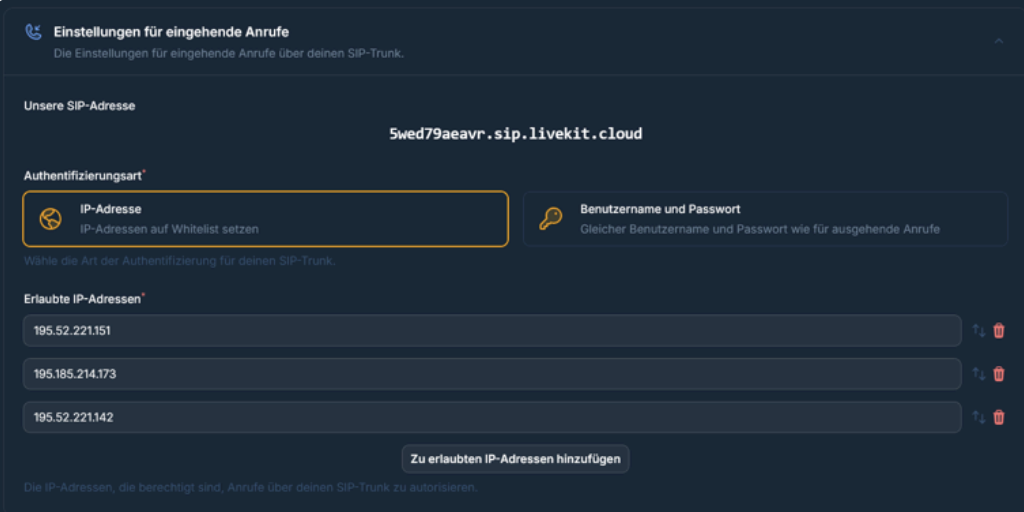 Inbound Telephony: SIP address and allowed IPs